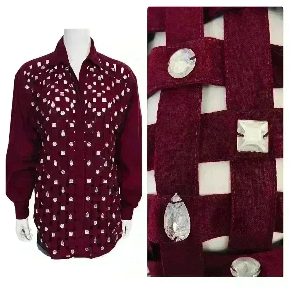 Yak Magik Vintage Rhinestone Basket Weave Button Down Shirt Deep Plum Size L